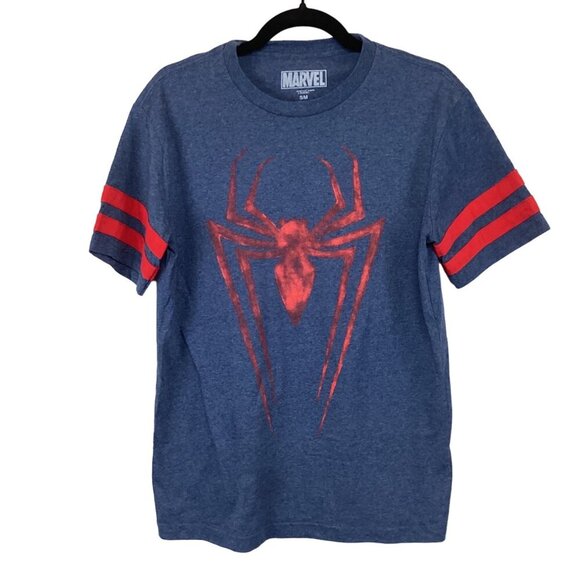 Marvel Spider-Man Graphic‎ Tee Size Small Blue & Red Striped Sleeves - Picture 1 of 8